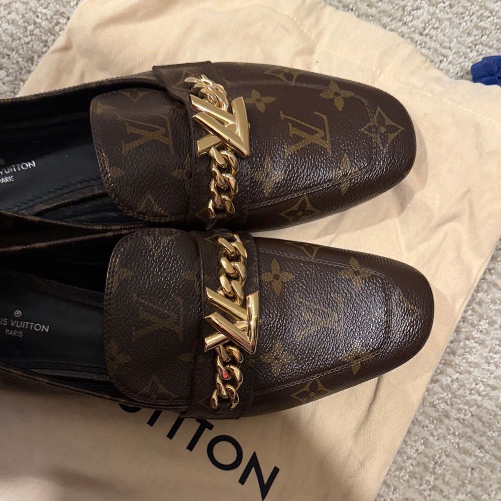 Louis Vuitton Dark Brown Monogram Loafers with Gold Accent - Picture 3 of 5